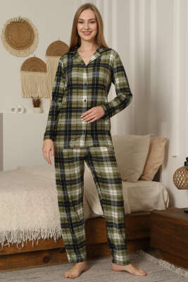 Ekoseli Düğmeli Süet Pijama Takımı Haki - Pijama