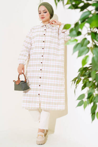 Ekoseli Gofre Uzun Gömlek Haki - Tunik