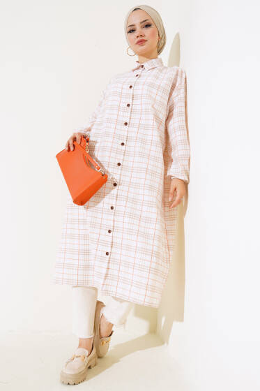 Ekoseli Gofre Uzun Gömlek Latte - Tunik