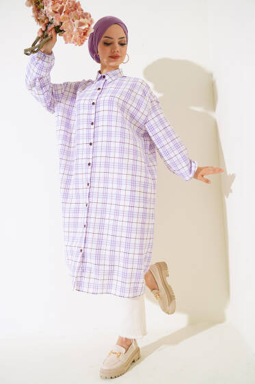 Ekoseli Gofre Uzun Gömlek Lila - Tunik