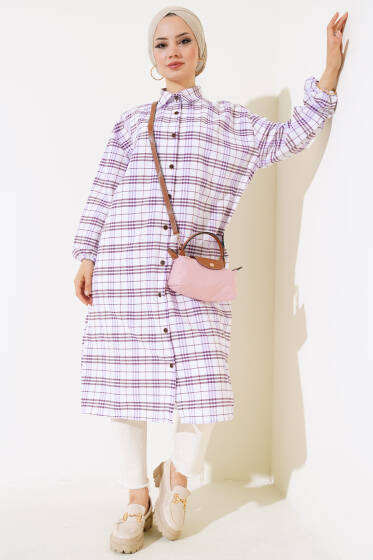 Ekoseli Gofre Uzun Gömlek Menekşe - Tunik