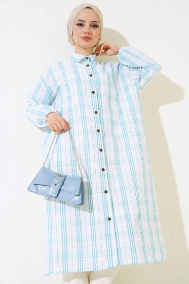 Ekoseli Gofre Uzun Gömlek Mint - Tunik