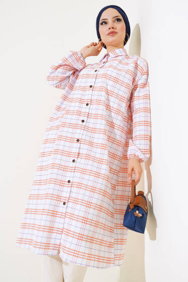 Ekoseli Gofre Uzun Gömlek Pudra - Tunik