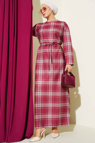 Ekoseli İp Kuşaklı Elbise Bordo - Elbise