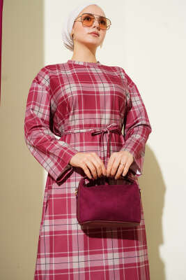 Ekoseli İp Kuşaklı Elbise Bordo - Elbise