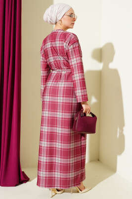 Ekoseli İp Kuşaklı Elbise Bordo - Elbise