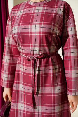 Ekoseli İp Kuşaklı Elbise Bordo - Elbise