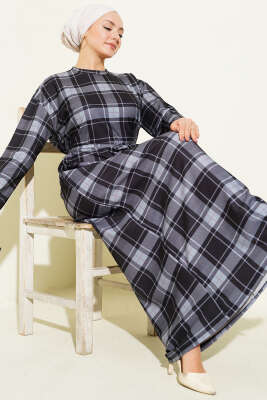 Ekoseli İp Kuşaklı Elbise Füme - ELFİDA TEKSTİL