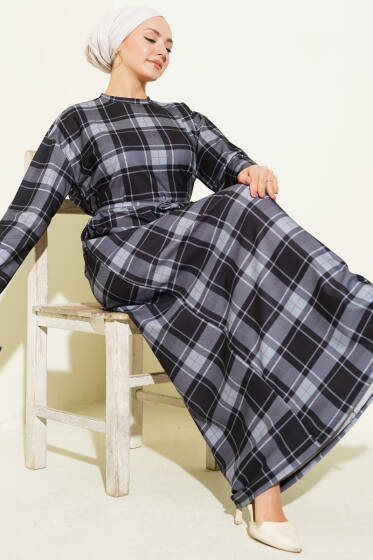 Ekoseli İp Kuşaklı Elbise Füme - Elbise