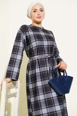 Ekoseli İp Kuşaklı Elbise Füme - Elbise