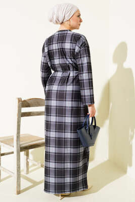 Ekoseli İp Kuşaklı Elbise Füme - Elbise