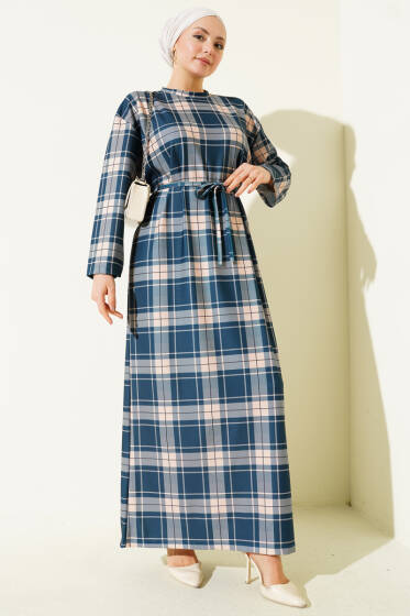 Ekoseli İp Kuşaklı Elbise İndigo - Elbise
