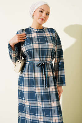 Ekoseli İp Kuşaklı Elbise İndigo - Elbise