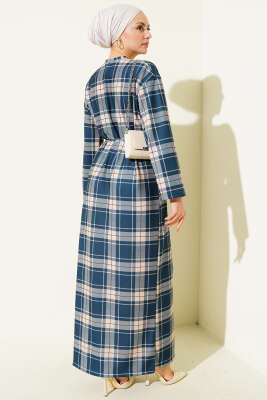 Ekoseli İp Kuşaklı Elbise İndigo - Elbise