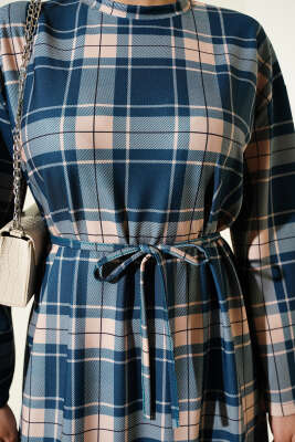 Ekoseli İp Kuşaklı Elbise İndigo - Elbise