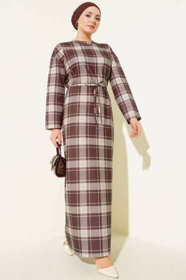 Ekoseli İp Kuşaklı Elbise Kahve - Elbise