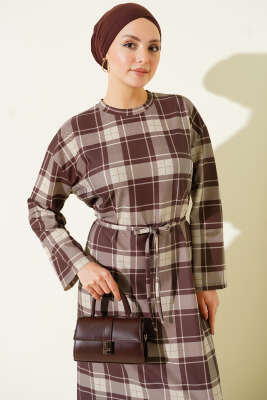 Ekoseli İp Kuşaklı Elbise Kahve - Elbise