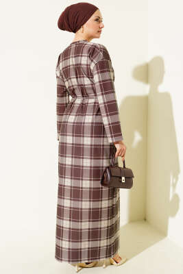 Ekoseli İp Kuşaklı Elbise Kahve - Elbise