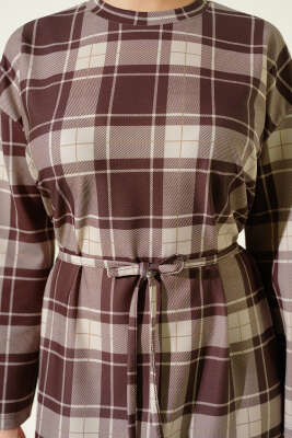 Ekoseli İp Kuşaklı Elbise Kahve - Elbise