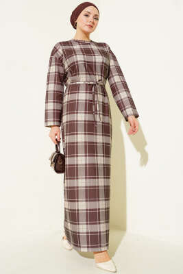 Ekoseli İp Kuşaklı Elbise Kahve 