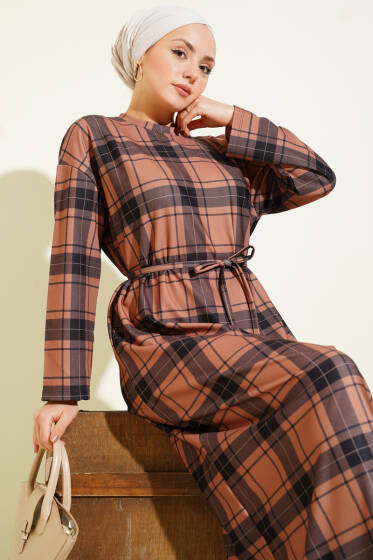 Ekoseli İp Kuşaklı Elbise Latte - Elbise