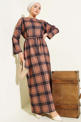 Ekoseli İp Kuşaklı Elbise Latte - Yılın Fırsatı