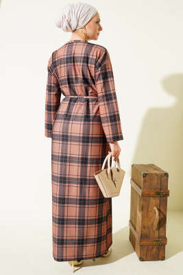 Ekoseli İp Kuşaklı Elbise Latte - Yılın Fırsatı