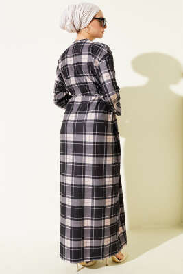 Ekoseli İp Kuşaklı Elbise Siyah - Elbise