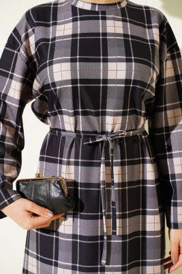 Ekoseli İp Kuşaklı Elbise Siyah - Elbise