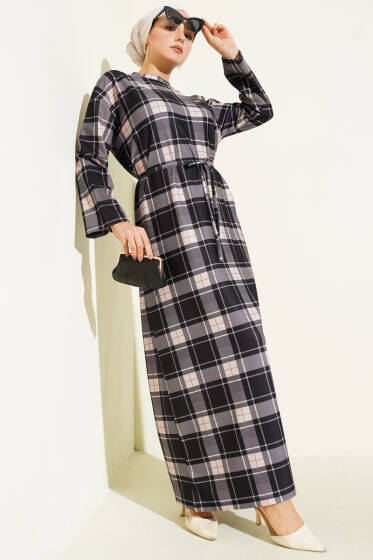 Ekoseli İp Kuşaklı Elbise Siyah - Yılın Fırsatı