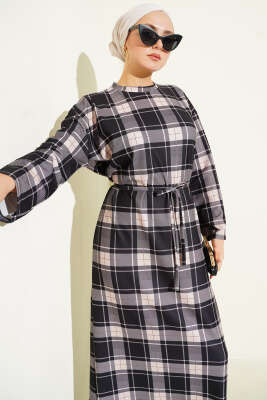 Ekoseli İp Kuşaklı Elbise Siyah - Yılın Fırsatı