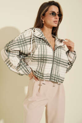 Ekoseli Kapüşonlu Kısa Ceket Haki - Kadın Giyim Modelleri