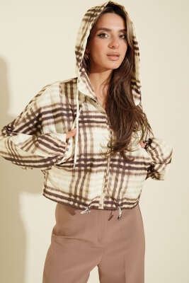 Ekoseli Kapüşonlu Kısa Ceket Kahve - LEVURE