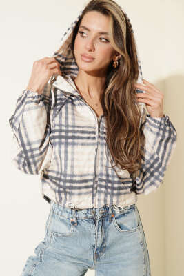 Ekoseli Kapüşonlu Kısa Ceket Lacivert - LEVURE