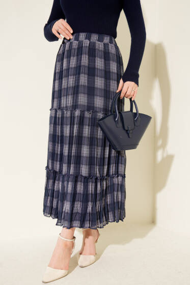 Ekoseli Kat Kat Şifon Etek Lacivert - Etek