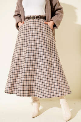 Ekoseli Kemerli Çan Etek Bej - VAV TEKSTİL