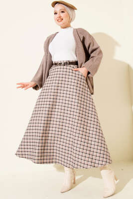 Ekoseli Kemerli Çan Etek Bej - Etek