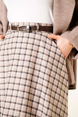 Ekoseli Kemerli Çan Etek Bej - Etek