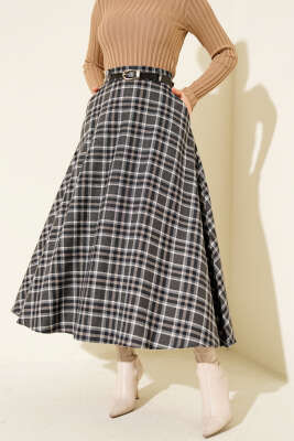 Ekoseli Kemerli Çan Etek Füme - VAV TEKSTİL