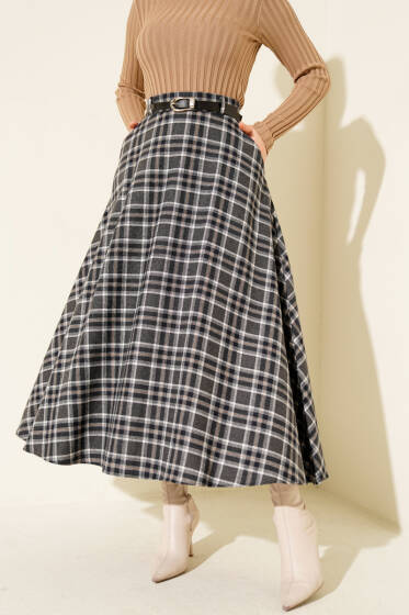 Ekoseli Kemerli Çan Etek Füme - Etek