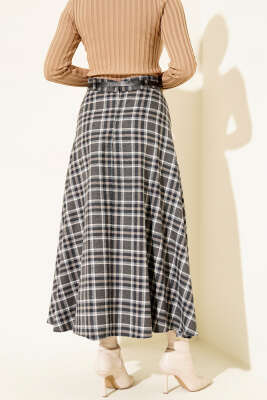 Ekoseli Kemerli Çan Etek Füme - Etek