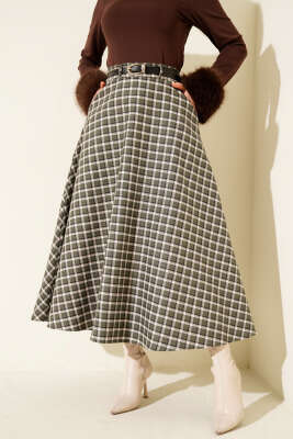 Ekoseli Kemerli Çan Etek Haki - VAV TEKSTİL