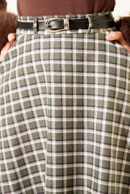 Ekoseli Kemerli Çan Etek Haki - Etek