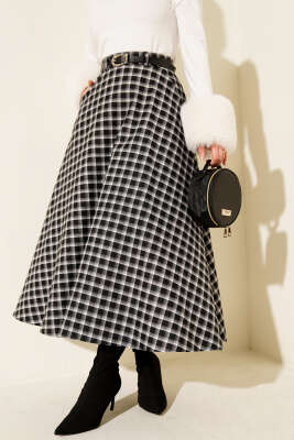 Ekoseli Kemerli Çan Etek Siyah - VAV TEKSTİL