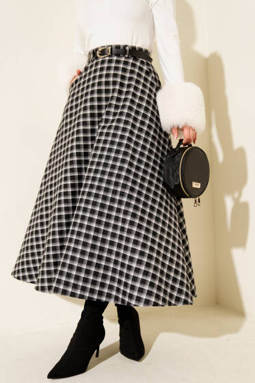 Ekoseli Kemerli Çan Etek Siyah - Etek