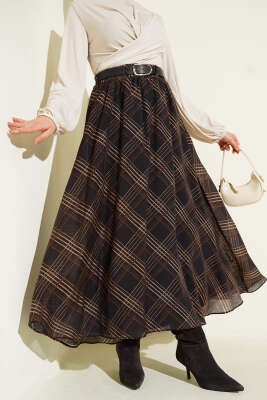 Ekoseli Kemerli Şifon Etek Acı Kahve - DUFON