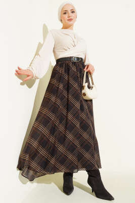 Ekoseli Kemerli Şifon Etek Acı Kahve - Etek