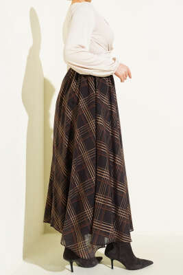 Ekoseli Kemerli Şifon Etek Acı Kahve - Etek