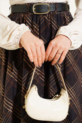 Ekoseli Kemerli Şifon Etek Acı Kahve - Etek