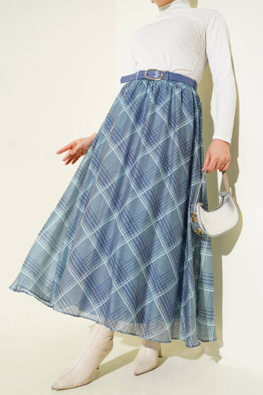 Ekoseli Kemerli Şifon Etek İndigo - Etek